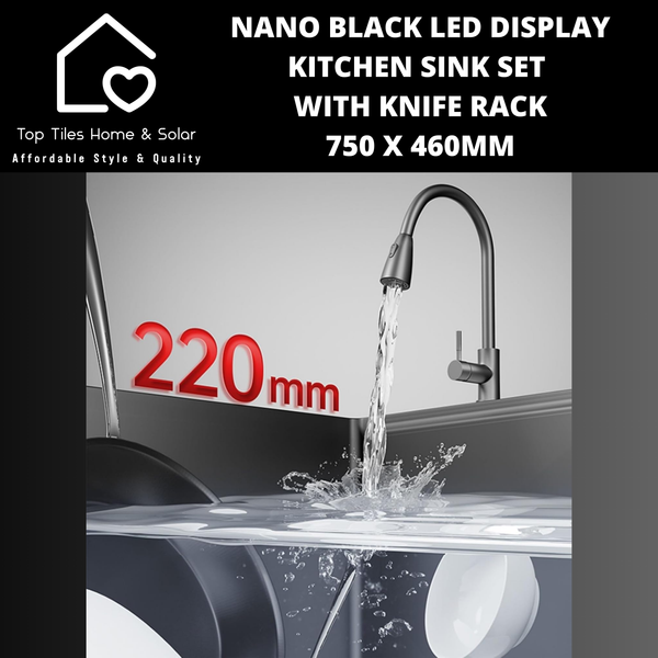 Nano Black LED Smart Display Kitchen Sink Set with Knife Rack - 750 x 460mm
