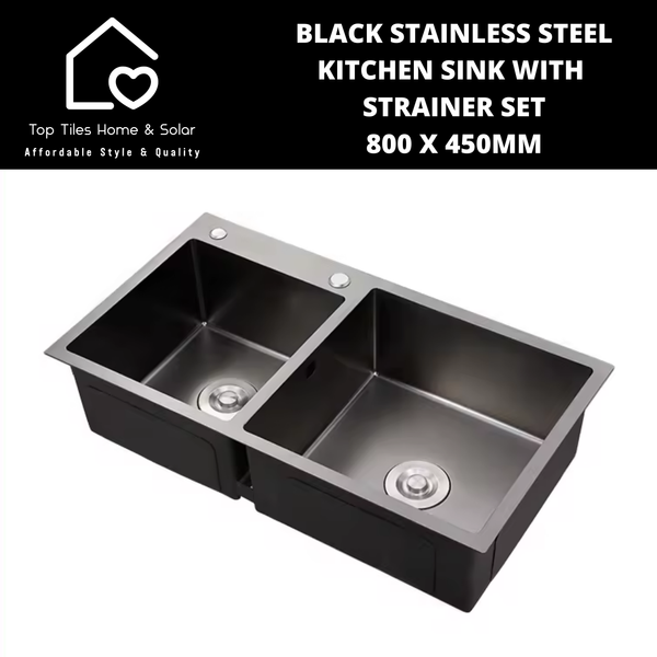 Black Stainless Steel Kitchen Sink with Strainer Set - 800 x 450mm
