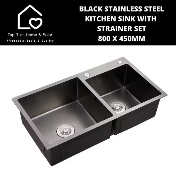 Black Stainless Steel Kitchen Sink with Strainer Set - 800 x 450mm