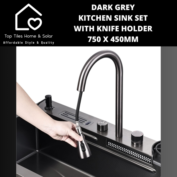 Dark Grey Kitchen Sink Set with Knife Holder - 750 x 450mm