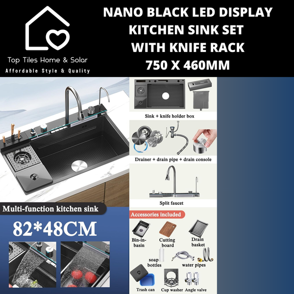 Nano Black LED Smart Display Kitchen Sink Set with Knife Rack - 750 x 460mm