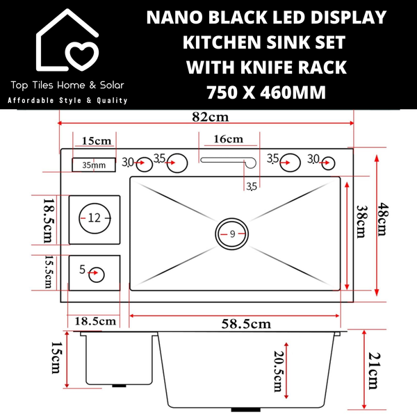 Nano Black LED Smart Display Kitchen Sink Set with Knife Rack - 750 x 460mm