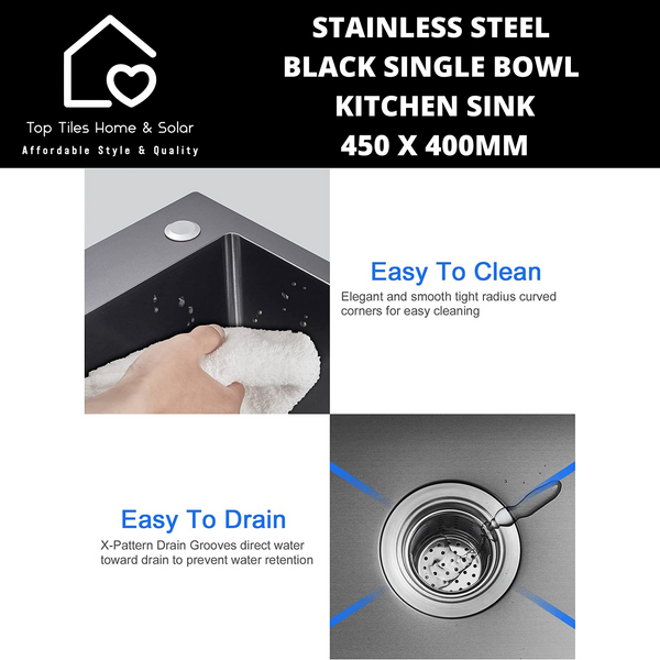 Stainless Steel Black Single Bowl Kitchen Sink - 450 x 400mm