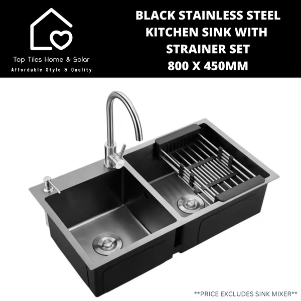 Black Stainless Steel Kitchen Sink with Strainer Set - 800 x 450mm
