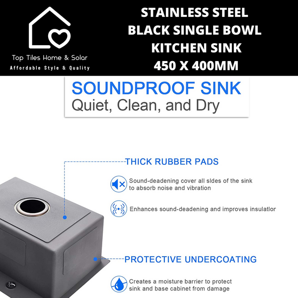 Stainless Steel Black Single Bowl Kitchen Sink - 450 x 400mm