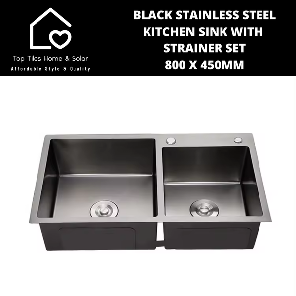 Black Stainless Steel Kitchen Sink with Strainer Set - 800 x 450mm
