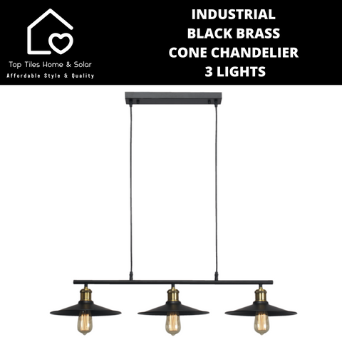 Industrial Black Brass Cone Chandelier - 3 Lights