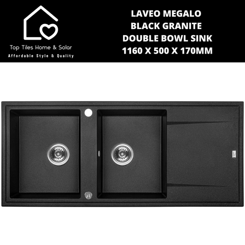 Laveo Megalo Black Granite Double Bowl Sink - 1160 x 500 x 170mm