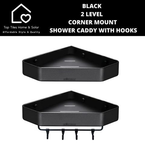 Black 2 Level Corner Mount Shower Caddy With Hooks