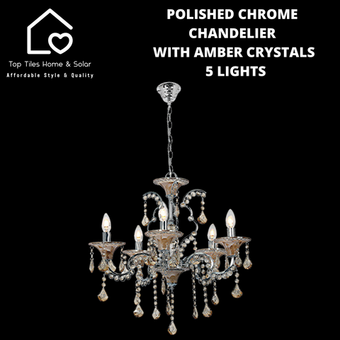 Polished Chrome Chandelier With Amber Crystals - 5 Lights