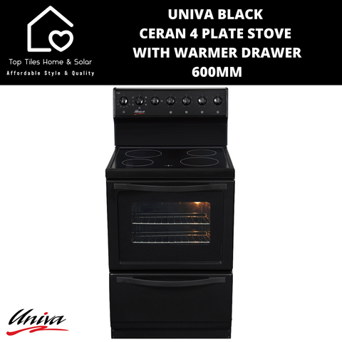 Univa Black Ceran 4 Plate Stove With Warmer Drawer - 600mm
