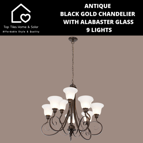 Antique Black Gold Chandelier With Alabaster Glass - 9 Lights