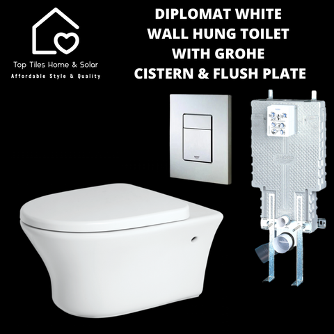 Diplomat White Wall Hung Toilet with Grohe Cistern & Polished Flush Plate