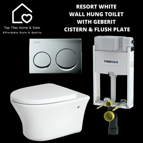 Resort White Wall Hung Toilet With Geberit Cistern & Flush Plate