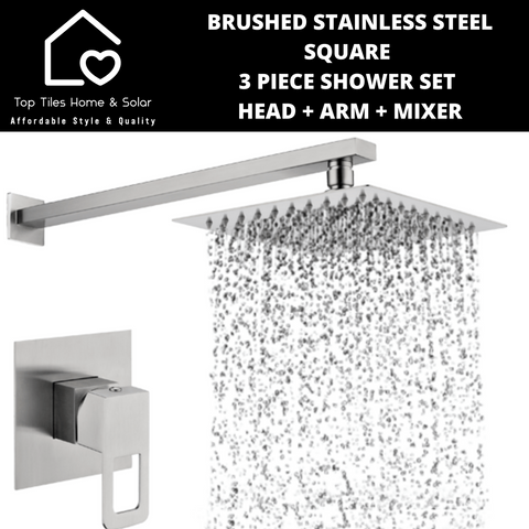 Brushed Stainless Steel Square 3 Piece Shower Set - Head-Arm-Mixer