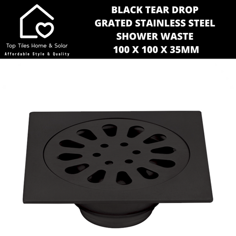 Black Tear Drop Grated Stainless Steel Shower Waste - 100 x 100 x 35mm