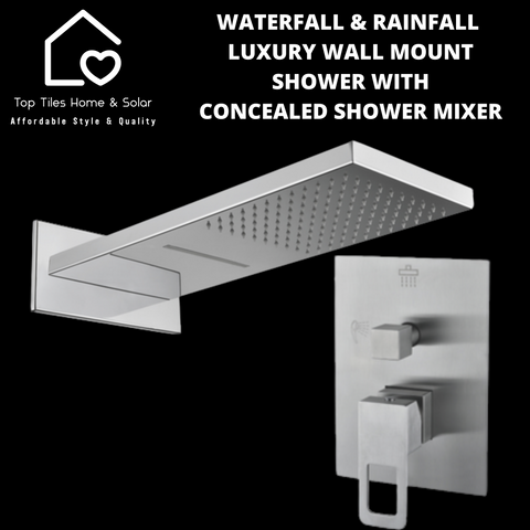 Brushed Steel Waterfall & Rainfall Wall Mount Shower With Diverter
