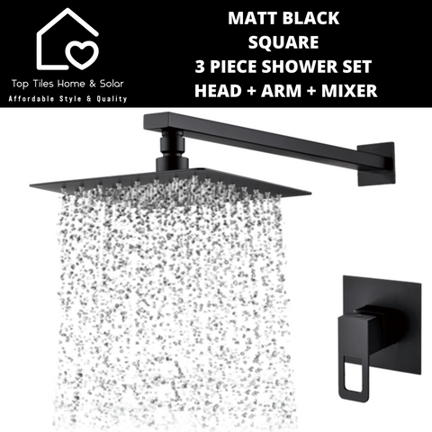 Matt Black Square 3 Piece Shower Set - Head-Arm-Mixer