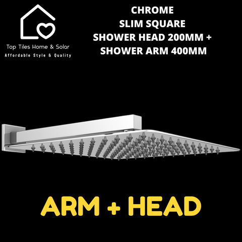 Chrome Slim Square Shower Head 200mm + Arm 400mm