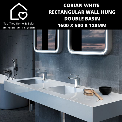 Corian White Rectangular Wall Hung Double Basin - 1600 x 500 x 120mm