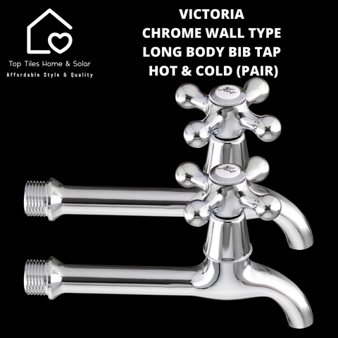 Victoria Chrome Wall Type Long Body Bib Tap - Hot & Cold (Pair)