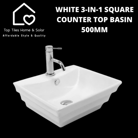 White 3-In-1 Square Counter Top Basin - 500mm