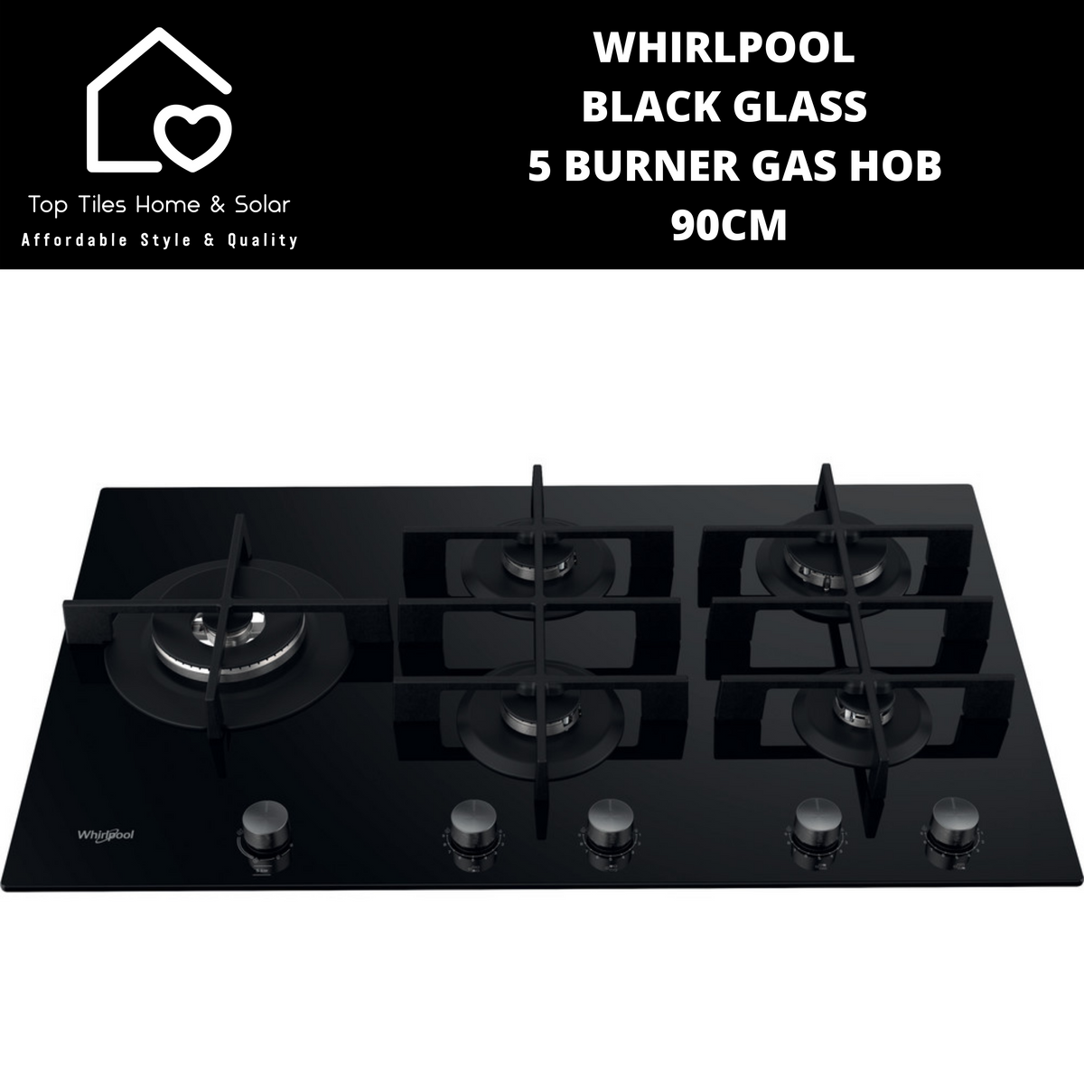 Whirlpool Black Glass 5 Burner Gas Hob 90cm