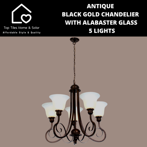 Antique Black Gold Chandelier With Alabaster Glass - 5 Lights