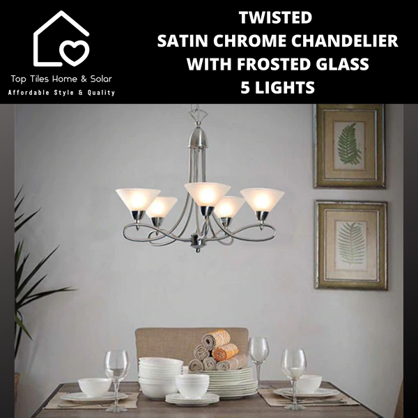 Twisted Satin Chrome Chandelier with Frosted Glass - 5 Lights