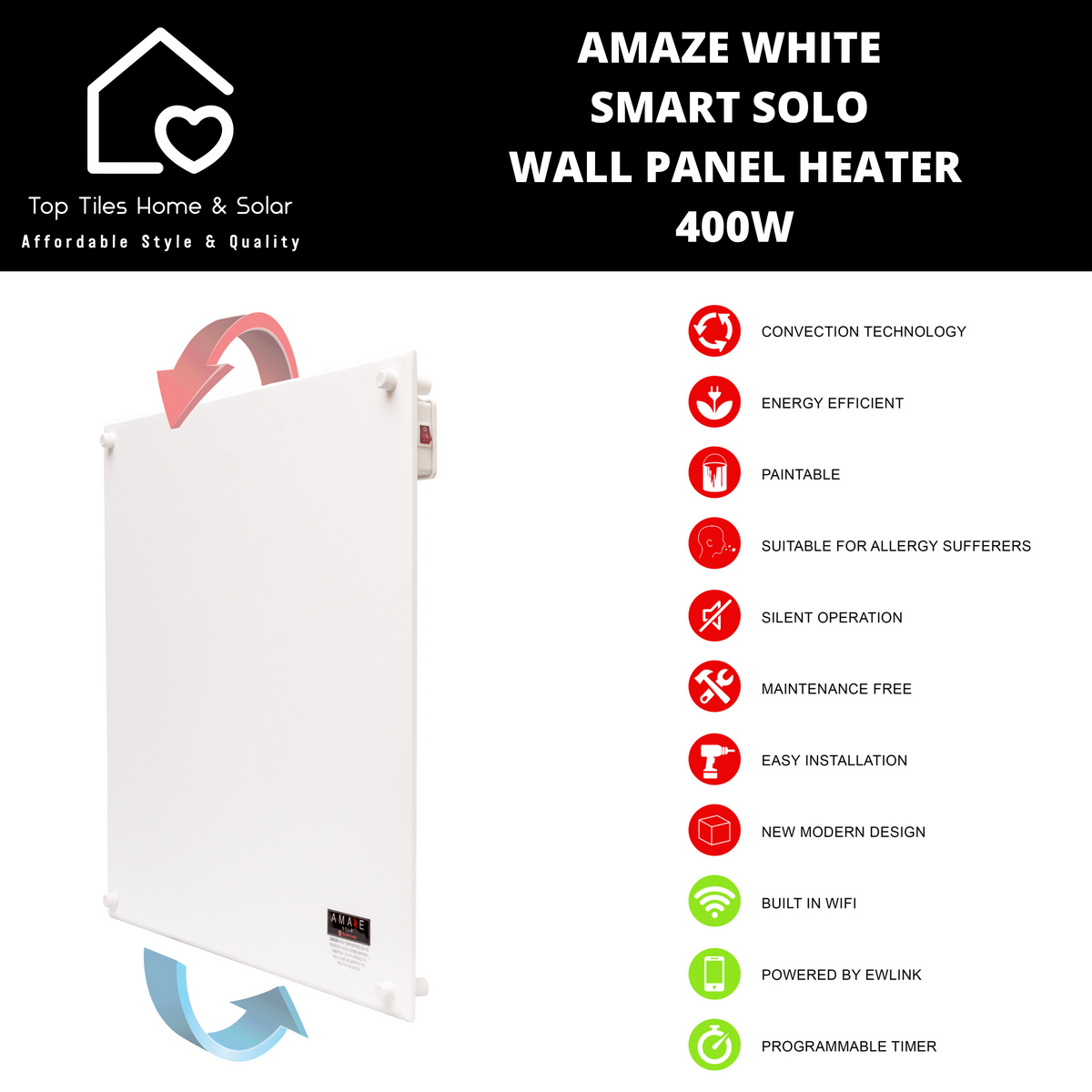 Amaze White SMART Solo Wall Panel Heater - 400W – Top Tiles Home u0026 Solar