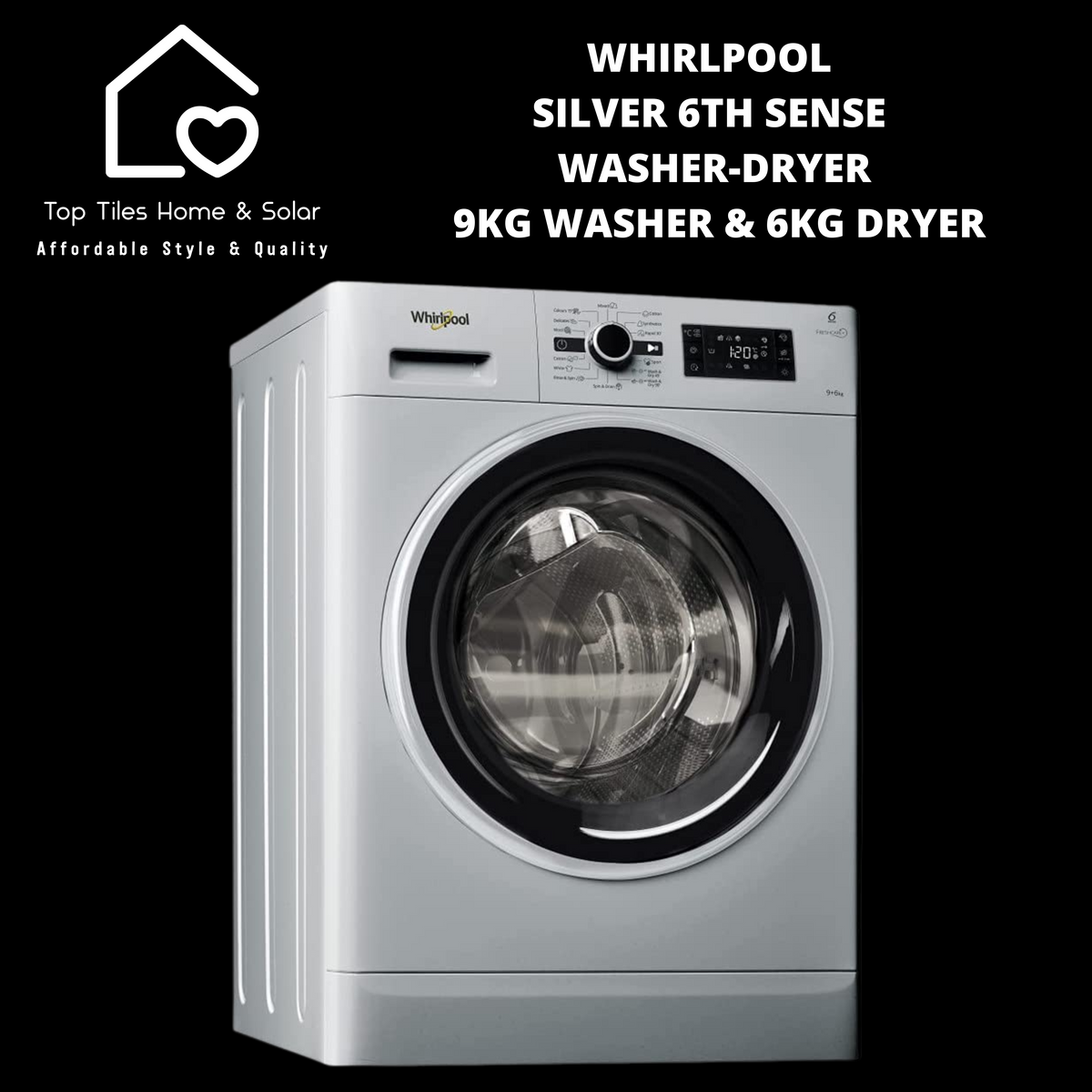 Whirlpool Silver 6th Sense WasherDryer 9kg Washer & 6kg Dryer Top