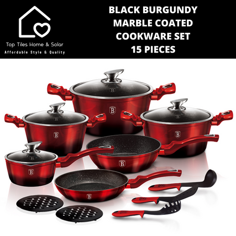 Black Burgundy Marble Coated Cookware Set - 15 Pieces