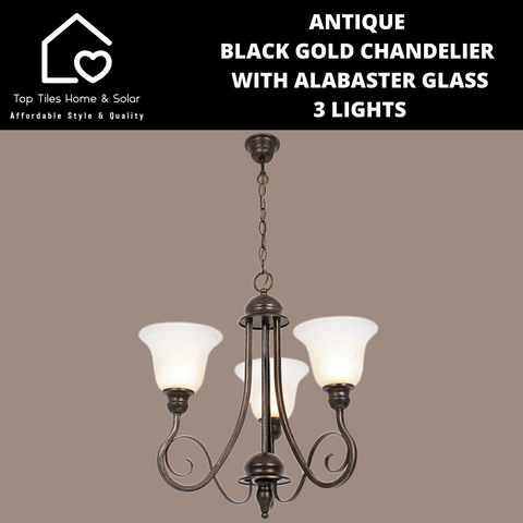Antique Black Gold Chandelier With Alabaster Glass - 3 Lights