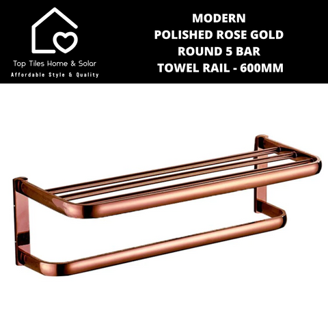 Modern Polished Rose Gold Round 5 Bar Towel Rail - 600mm
