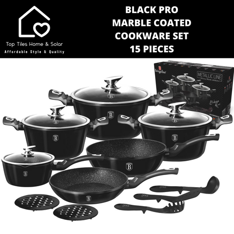 Black Pro Marble Coated Cookware Set - 15 Pieces