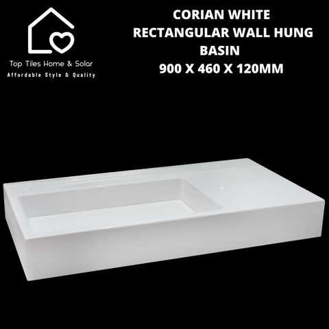 Corian White Rectangular Wall Hung Basin - 900 x 460 x 120mm