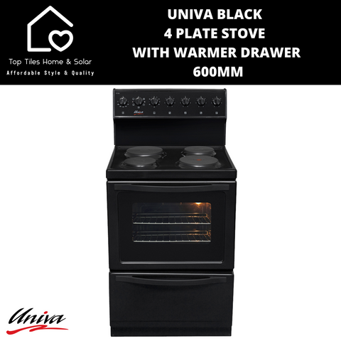 Univa Black 4 Plate Stove With Warmer Drawer - 600mm