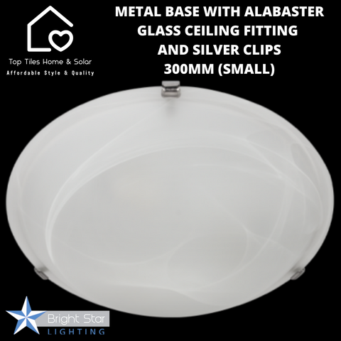 Metal Base With Alabaster Glass Ceiling Fitting And Silver Clips  - 300mm (Small)