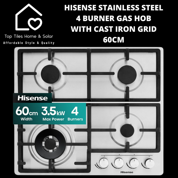 Hisense Stainless Steel 4 Burner Gas Hob with Cast Iron Grid - 60cm