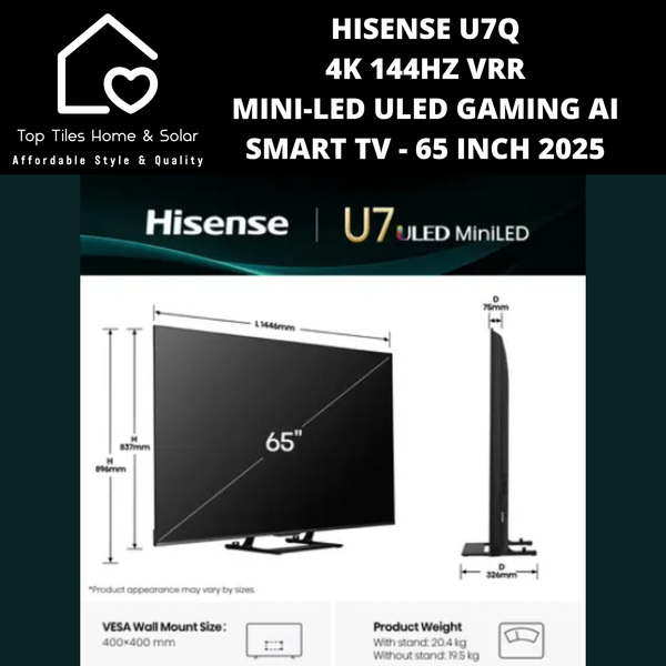 Hisense U7Q 4K 144Hz VRR  Mini-LED ULED Gaming Ai Smart TV - 65 Inch 2025