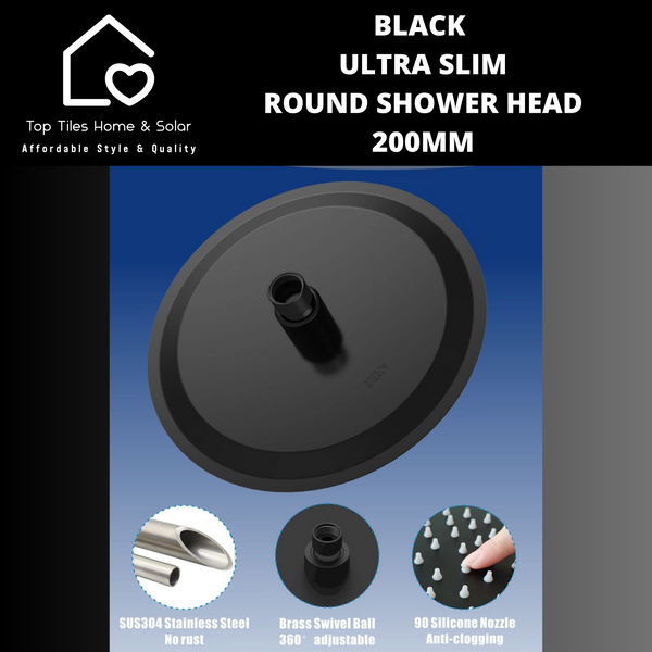 Black Ultra Slim Round Shower Head - 200mm