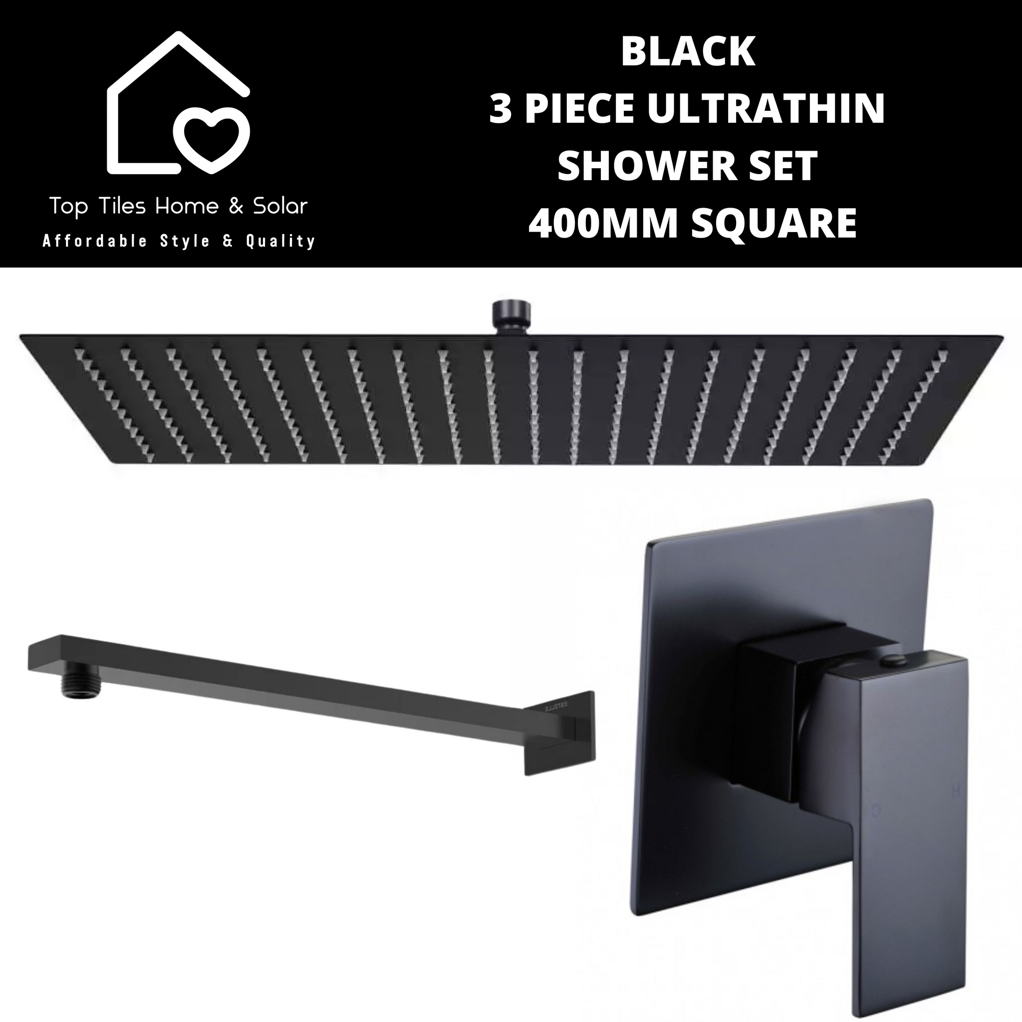 Black 3 Piece Ultrathin Shower Set - 400mm Square