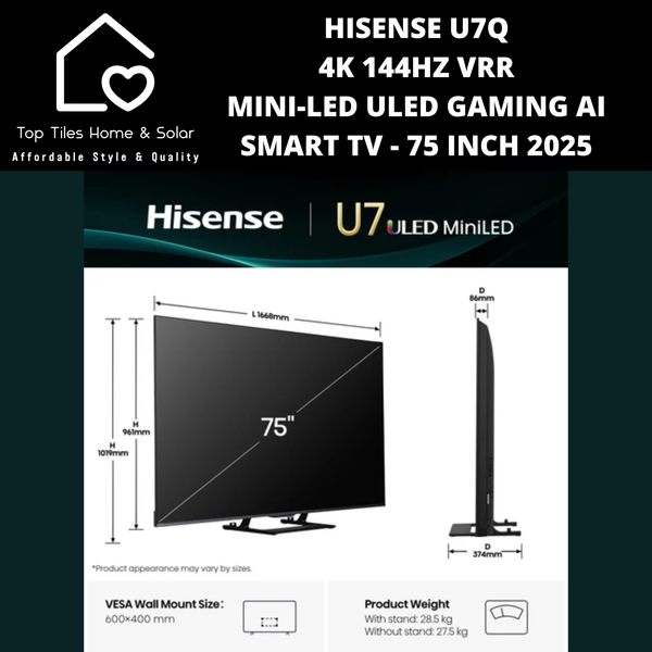 Hisense U7Q 4K 144Hz VRR  Mini-LED ULED Gaming Ai Smart TV - 75 Inch 2025