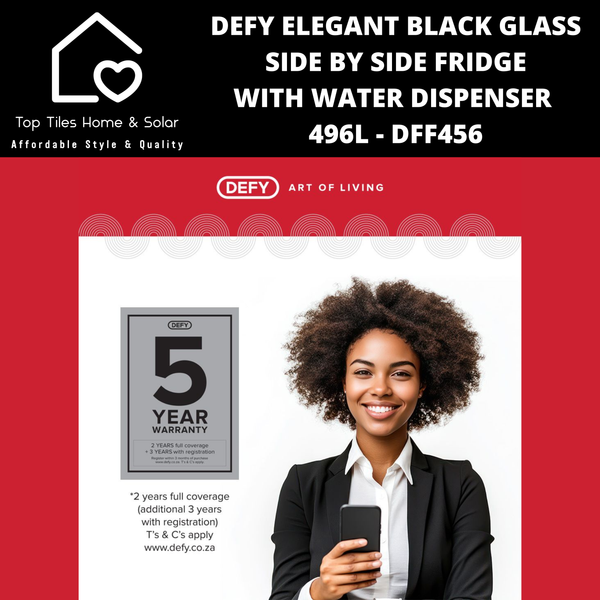 Defy Elegant Black Glass Side by Side Fridge - 496L Water Dispenser DFF456