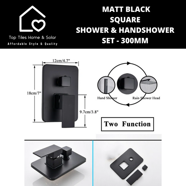 Matt Black Square Shower & Handshower Set - 300mm