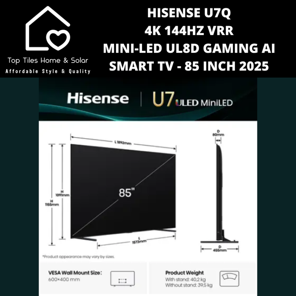 Hisense U7Q 4K 144Hz VRR  Mini-LED ULED Gaming Ai Smart TV - 85 Inch 2025