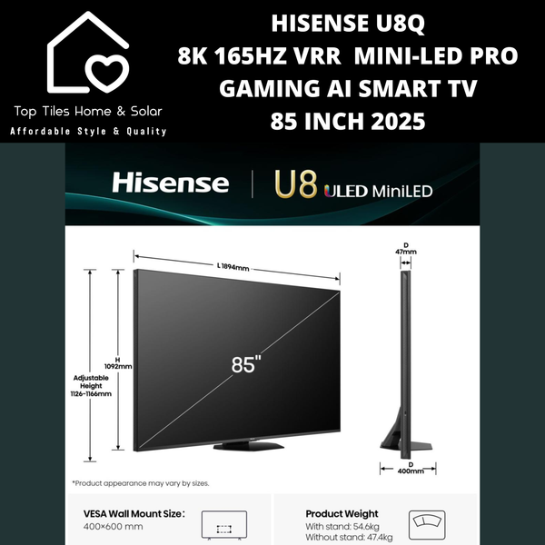 Hisense U8Q 8K 165Hz VRR Mini-LED PRO Gaming Ai Smart TV - 85 Inch 2025