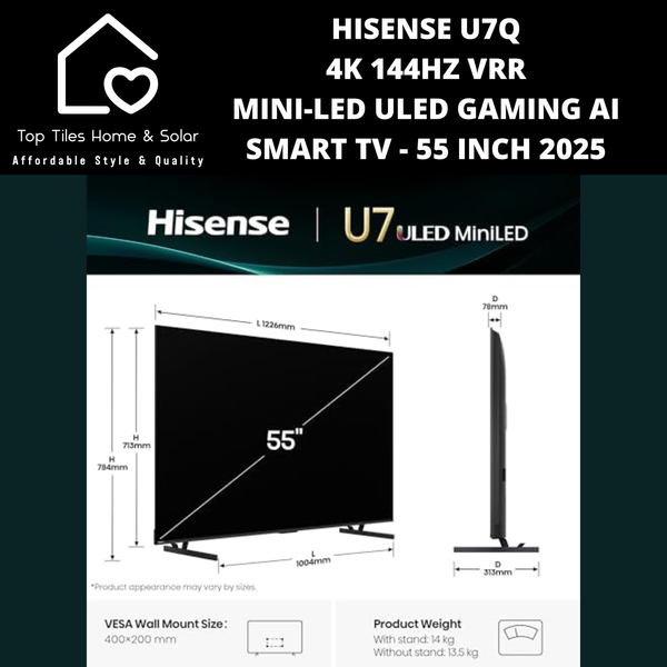 Hisense U7Q 4K 144Hz VRR  Mini-LED ULED Gaming Ai Smart TV - 55 Inch 2025