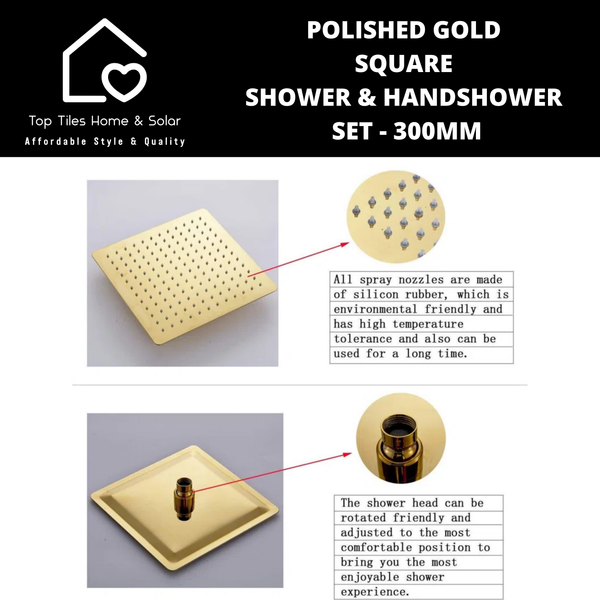 Polished Gold Square Shower & Handshower Set - 300mm