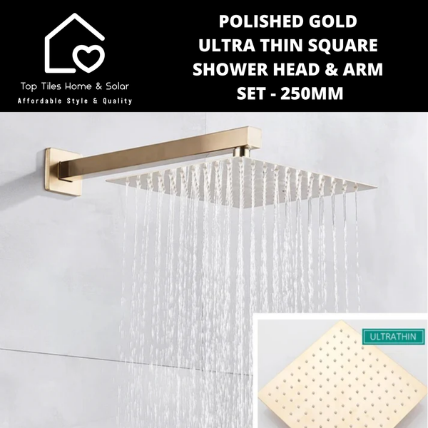 Polished Gold Ultra Thin Square Shower Head & Arm Set - 250mm